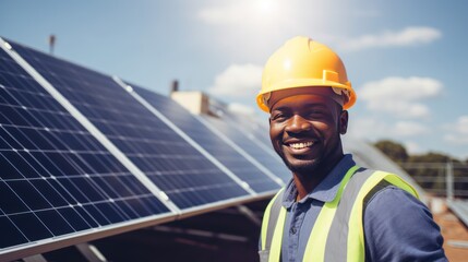 American engineer or worker smiling at solar panel,Male engineers play a crucial role in the solar energy industry, 