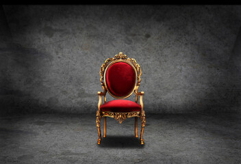 red royal armchair in an empty room with concrete wall and floor - obrazy, fototapety, plakaty