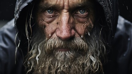 Homeless man concept, face of a person with a mustache