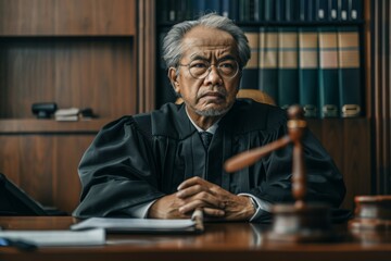 A judge reviewing economic data and financial reports in a courtroom