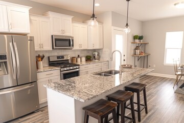 A kitchen mockup with stainless steel appliances and granite countertops