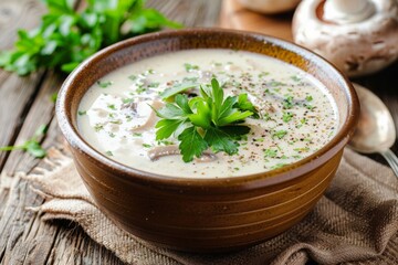 Mushroom soup garnished with herbs in ceramic bowl