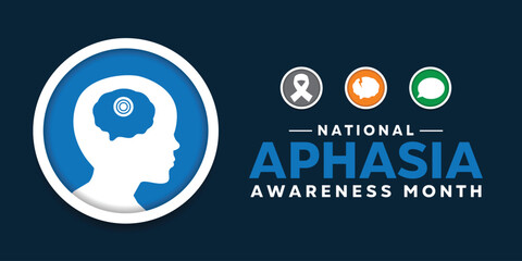 National Aphasia Awareness Month. Human, Brain and more. Great for cards, banners, posters, social media and more. Dark blue background.
