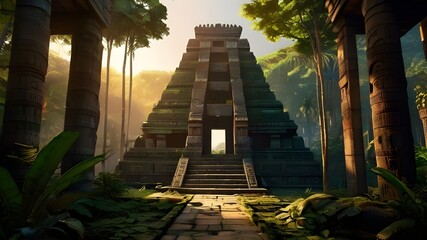 ai generated realistic beautiful ancient temple hidden in a forest with intricate carvings and surrounded by dense foliage and magnificent ancient buildings - obrazy, fototapety, plakaty