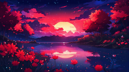 Landscape with lake surrounded by red flowers during sunset.	