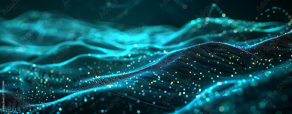 Poster abstract digital background with glowing blue dots and dark green lines forming an abstract wave pat