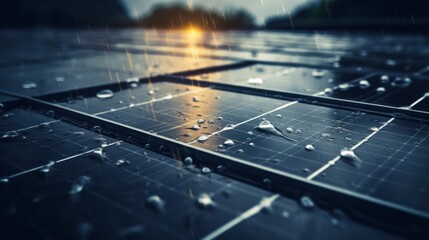 Heavy rain on solar panels, rainstorm on renewable energy