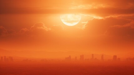 Fototapeta premium Heatwave hot sun. ,The sun or hot sun, Orange and red hues fill the sky as the sun dips below the city skyline at dusk,