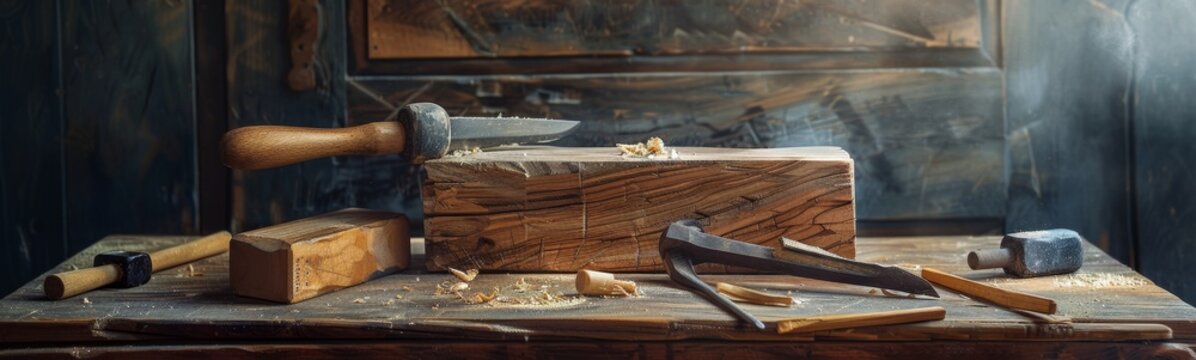 Wooden block with a hammer and a pair of chisels. Tools background . Banner