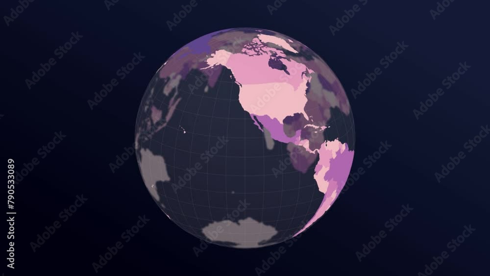 Poster the globe with world map. dark translucent earth planet in purple orange colors rotating. second tur