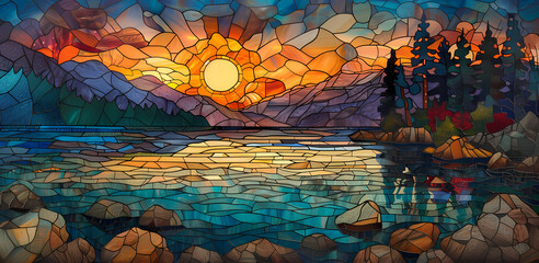 Stained Glass Sunset Mug Wrap Generated by AI