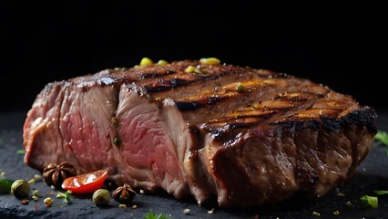 Delicious beef steak grilled and seasoned with an assortment of herbs and spices, displayed on black surface
