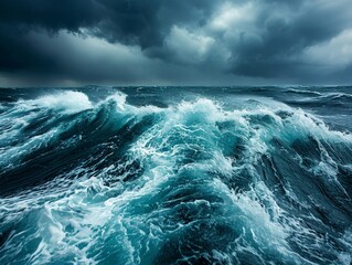 Fototapeta premium Dramatic sea spray signals turbulent waters as storm clouds gather during the ocean storm onset