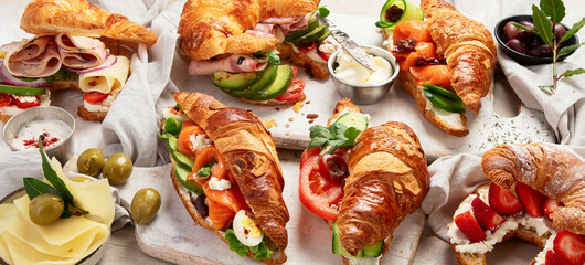  Different stuffed croissant. Croissant sandwich variety.