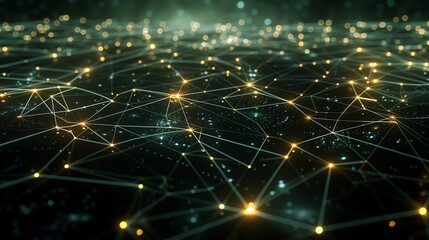 Obraz premium Abstract representation of a global digital network with glowing connections spanning across a dark, space-like background, highlighting the vastness of cyber communication.