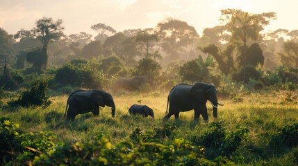 A silhouette of a majestic elephant family against a colorful savanna sunset