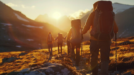 Group tourists of hiker sporty people walks in mountains at sunset with backpacks. Concept adventure with copy space