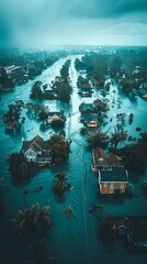 Fototapeta premium An aerial view displays hurricane devastation, flooded zones, wrecked structures, vast disaster coverage