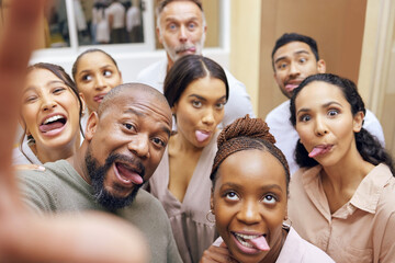 Funny, portrait and people in office for selfie for company website or social media, designer agency and team building. Creative group, photography and tongue out for comic profile picture for memory