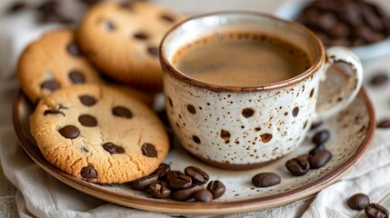 A plate holds coffee and cookies
