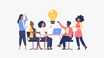 Diverse office team brainstorms at table. Teamwork, collaboration, ideas. Flat vector illustration.