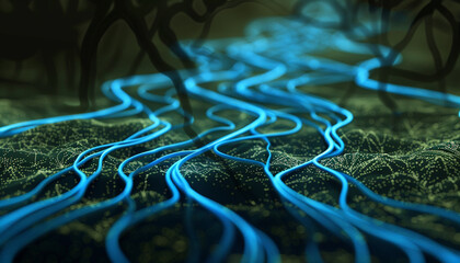 Bright blue pathways form against a dark olive background, evoking a digital forest.