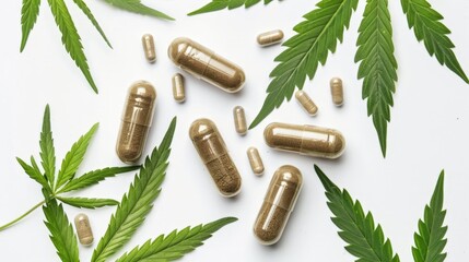Pills and cannabis leaves close-up - obrazy, fototapety, plakaty