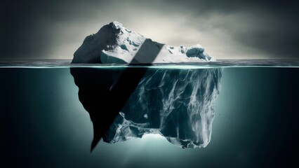 an iceberg floating in the ocean with a dark sky in the background. - Powered by Adobe