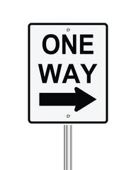 Traffic road sign ONE WAY TO THE RIGHT on white