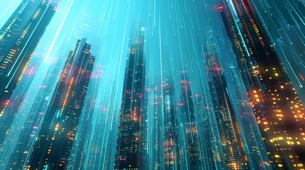  Futuristic cityscape with digital skyscrapers made of light and data, illustrating the urban landscape of a fully connected, smart city. © Amina