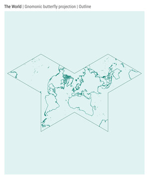 World Map. Gnomonic butterfly projection. Outline style. High Detail World map for infographics, education, reports, presentations. Vector illustration.