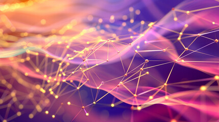High-tech digital mesh, with a network structure of points connected by lines, set against a dynamic color plexus background. - obrazy, fototapety, plakaty