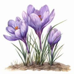 A painting of three purple flowers with orange centers
