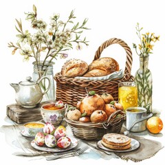 A basket of bread and fruit sits on a table next to a teapot
