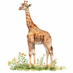 A giraffe standing in a field of flowers