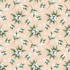 Trendy peach fuzz Christmas seamless pattern with white berries and green leaves. Hand drawn watercolor snowberry branches for botanical floral winter designs and holidays greeting cards