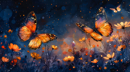 Ethereal Cosmos: Watercolor Depiction of Butterflies and Cosmic Flowers in Celestial Splendor