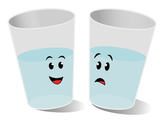 Two glasses shown with an equal proportion of water or liquid to represent the idiom, glass half full or glass half empty. One glass looks happy and the other unhappy to show each of state of mind