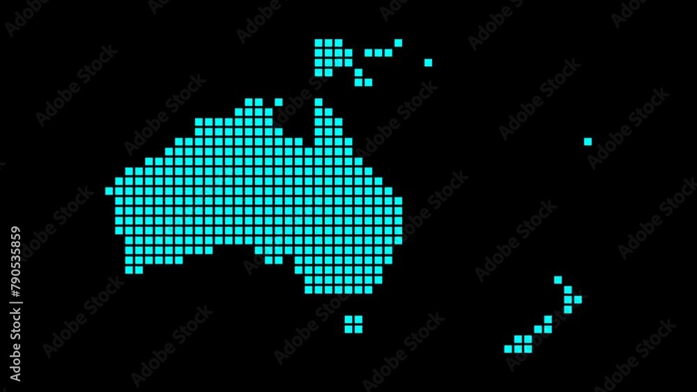 Poster oceania digital map. map of oceania in dotted style. shape of the continent filled with rectangles. 