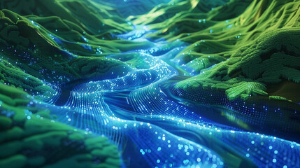 A bright blue digital river meanders through a valley of lush emerald, the flow of data carving its path in the landscape of tomorrow. - obrazy, fototapety, plakaty