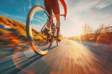 Man riding a bike down a road with the sun shining - obrazy, fototapety, plakaty