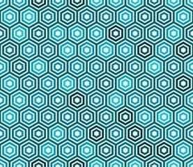 Tileable Hexagon Pattern. Cyan color tones gradients. Plain hexagon frames. Hexagonal shapes. Seamless pattern. Tileable vector illustration.