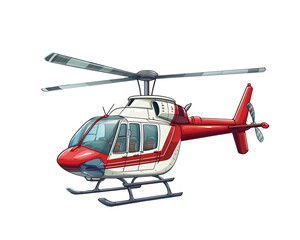 vector illustration of a red and white helicopter in flight with spinning rotors. Generative AI