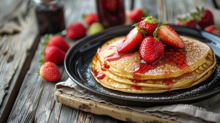Giraffe pancakes with strawberries and syrup on a plate