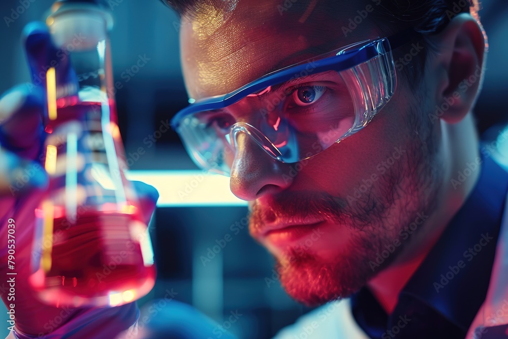 Aufkleber intense scientist analyzing liquid in a flask with neon light reflections.