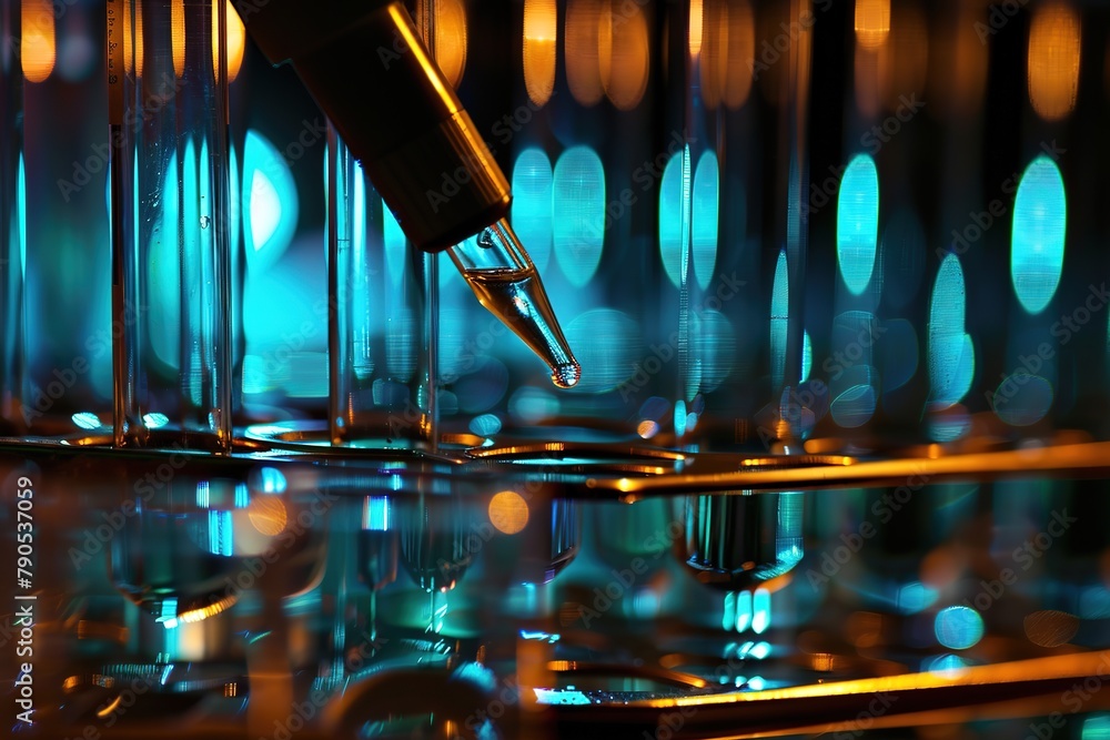 Poster close-up view of pipette and test tubes with blue illumination in a lab.