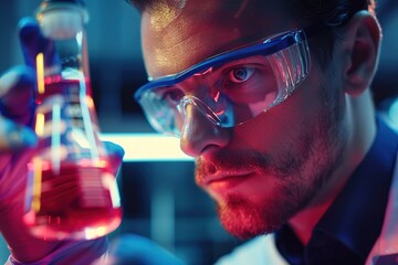 Intense scientist analyzing liquid in a flask with neon light reflections.