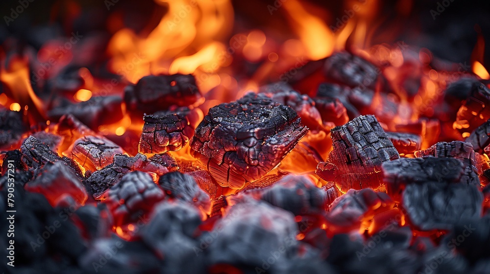 Wall mural glowing embers from a wood fire in a cozy home.