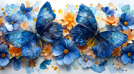 Sustainable Serenade: Watercolor Portrait of Blue Butterflies Amidst Recycled Garden Elements