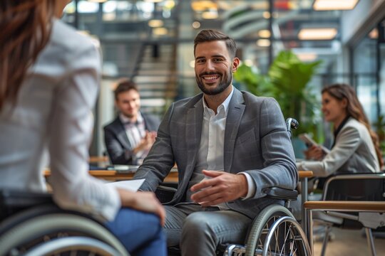 A diverse group of professionals come together to discuss business, as a young executive welcomes a colleague in a wheelchair to join the team.